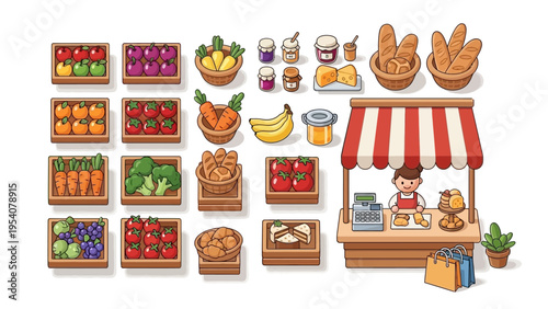 Colorful cartoon illustration of a fruit and vegetable stand