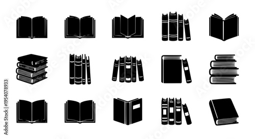 Books icon set with black silhouettes and various open and closed positions featuring book, icons, collection with