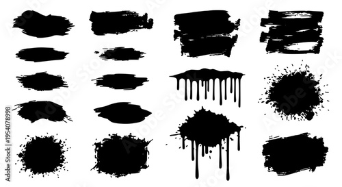 Brushstrokes set with black ink splatters and paint smears on white background featuring grunge, texture, abstract with