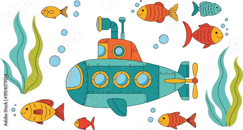 A cute cartoon illustration of a teal submarine surrounded by colorful fish and green sea plants