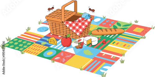 A colorful picnic blanket set on the grass with a basket full of food and two curious little ants