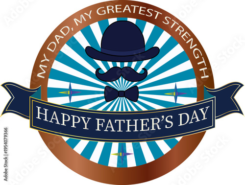 Vintage Happy Father's Day badge with blue ribbon, mustache, bowler hat and bowtie on sunburst background