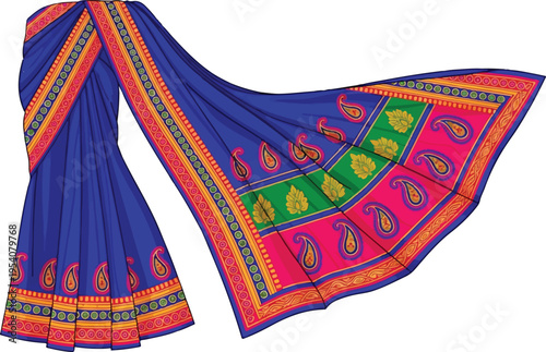An illustrated vibrant blue indian saree with traditional paisley patterns and colorful borders
