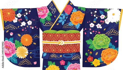 A traditional japanese navy blue kimono featuring vibrant colorful floral patterns and geometric obi