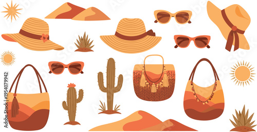 Desert Summer Accessories Vector Set with Straw Hats Sunglasses Cactus Bags Sun and Desert Landscape Elements for Vacation Collection Design