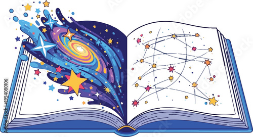 An open book displaying a swirling colorful galaxy on one side and a star constellation map page