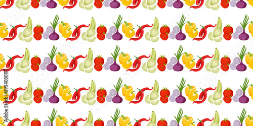 Seamless border pattern with fresh vegetables including tomato, bell pepper, onion, cucumber and chili. Colorful repeating food composition in flat vector style.