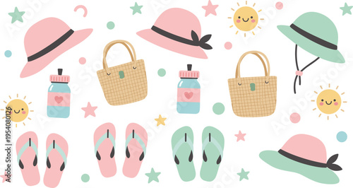 Cute Summer Beach Accessories Vector Set with Hats Flip Flops Wicker Bags Water Bottles Suns and Pastel Vacation Elements Collection Design