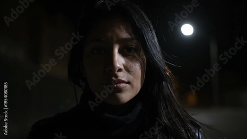 Woman portrait in night setting with street light and dark atmosphere