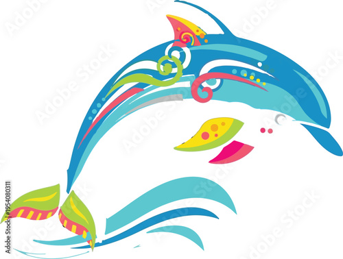 A vibrant stylized illustration of a jumping dolphin featuring colorful swirl patterns and waves