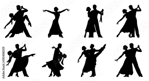 Ballroom dance couples, black silhouette ballroom and latin dancers on white background