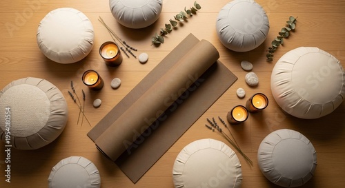 A Serene Overhead Arrangement of Yoga and Meditation Essentials, Inviting Mindfulness and Wellness for Peaceful Relaxation