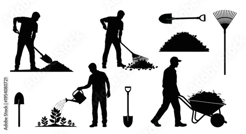 Gardener silhouettes, black gardening and landscaping figures on white background