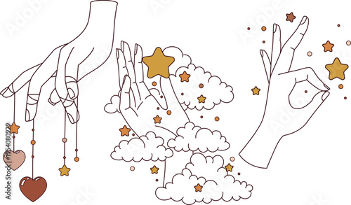 Magical boho line art illustrations of hands, hearts and stars in cozy tones. Sweet baby room decor, isolated clip art.