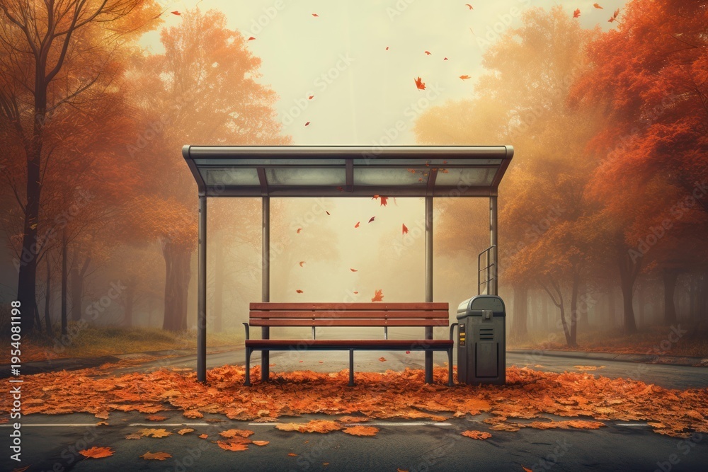 Naklejka premium Bus stop bench surrounded by fallen orange leaves with misty autumn trees