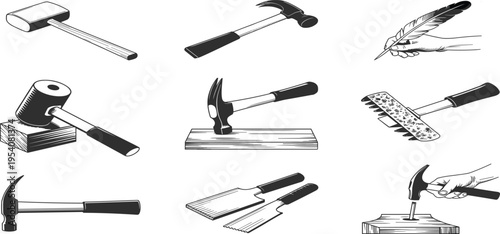 Black and white vector illustration set of vintage carpentry hand tools, including hammers, mallets, chisels, and a hand holding a quill pen for design projects.