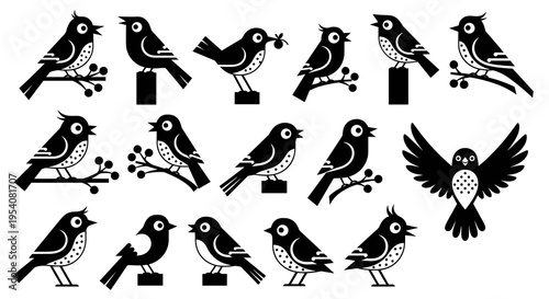 Whimsical Avian Ensemble: Silhouette Birds in Diverse Poses, A Vector Collection for Graphic Design and Nature-Inspired Projects, Featuring Stylized Birds on Branches and Perches