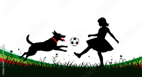 Dynamic Silhouette of a Girl Kicking Soccer Ball as a Playful Dog Jumps with Energetic Vitality, Evoking Childhood Joy and Outdoor Fun, Ideal for Sports and Family Themes in Graphic Designs
