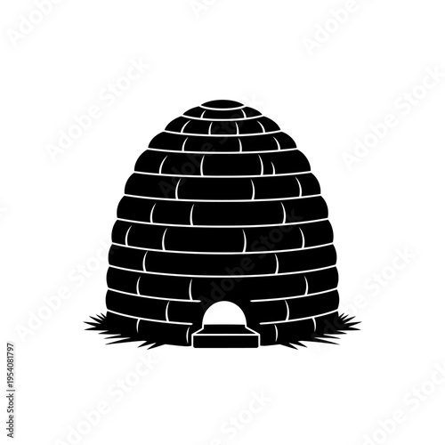 Silhouette of Woven Straw Skep Beehive for Vintage Beekeeping and Traditional Honey