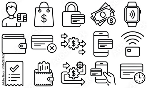 Collection of line art icons representing financial transactions, digital payments, credit cards, money, and shopping cart, set against a white background, e commerce 16/9