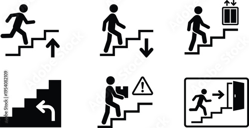 Black and white vector pictogram set illustrating people using stairs, including walking down, running up, carrying boxes, emergency fire exit, and elevator directional signs.