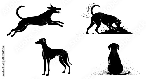 Silhouette Collection of Dogs in Various Poses: Running, Digging, Standing, and Sitting for Pet Lovers, Animal Enthusiasts, Veterinarians, and Canine-Themed Designs