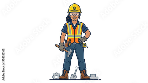 Cartoon female construction worker standing.