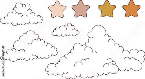 Nice boho illustrations of stars and clouds in cozy tones. Sweet baby room decor, isolated clip art.