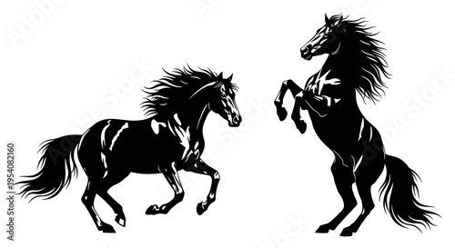 Majestic Black Stallions in Dynamic Silhouettes: A Powerful Equestrian Duo for Logos, T-Shirts, and Designs Evoking Freedom, Strength, and Grace in Vector Illustration