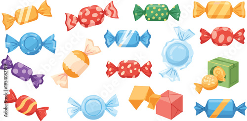 Colorful Candy Collection Vector Set with Different Wrapped Sweets, Lollipops, and Sugar Candies for Confectionery, Dessert, and Packaging Design