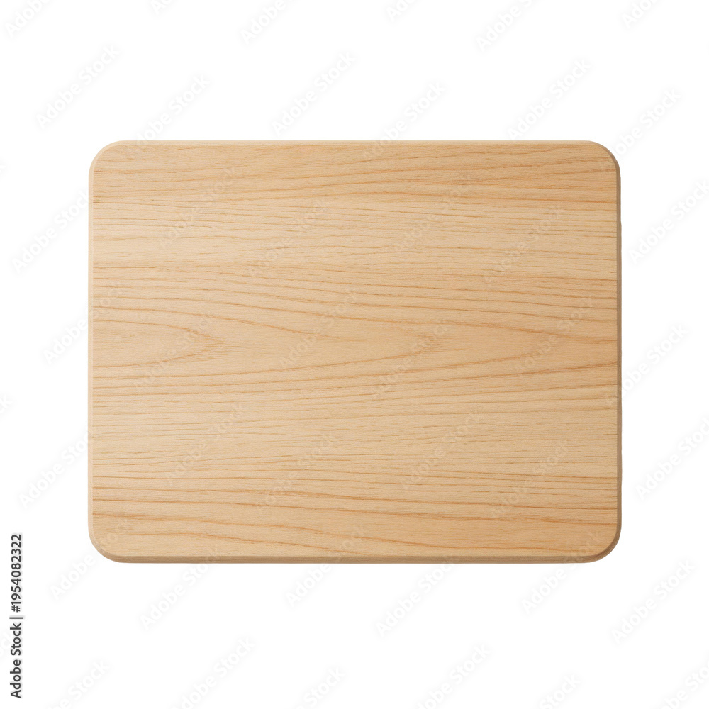 Naklejka premium Rectangular light brown ash wood cutting board with rounded corners and visible natural grain pattern rests on a plain white background.