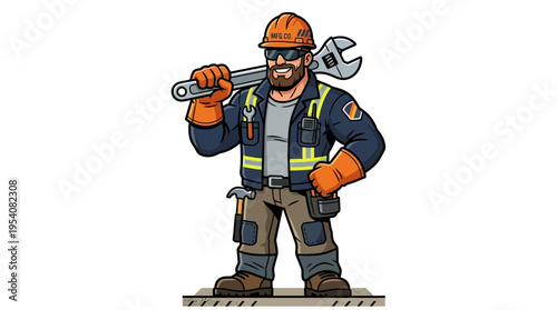 Cartoon worker with big wrench tool.