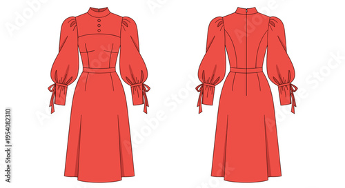 Elegant Retro Red Dress Fashion Illustration: Vintage Style A-Line Midi Dress with High Neck and Bishop Sleeves for Fashion Design and Creative Projects
