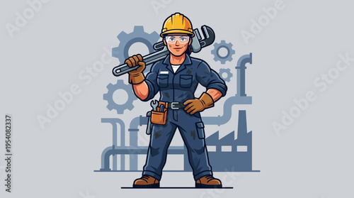 Cartoon worker with large wrench tool.