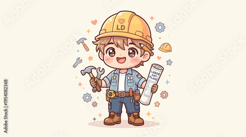 Caucasian male construction worker cartoon character.