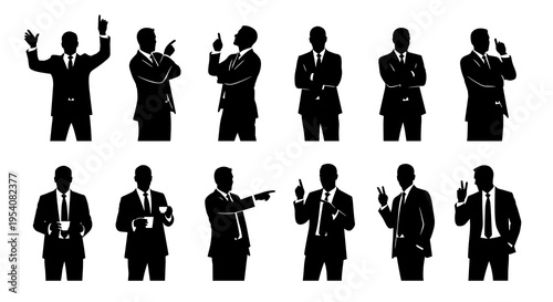 Elegant Vector Set of Businessmen Silhouettes: Diverse Poses for Presentations, Reports, and Infographics Depicting Success, Leadership, and Corporate Professionalism, Ready for Use in Design