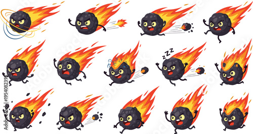Cartoon Meteor Character Set with Fire Trails Cute Asteroid Mascot Collection in Different Poses for Space Animation Stickers and Game Design