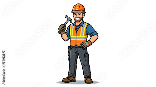 Construction worker with orange vest.