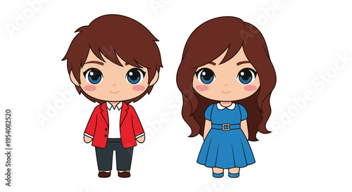 Adorable Cartoon Couple: A Charming Vector Illustration of a Boy in Red Blazer and a Girl in Blue Dress, Perfect for Children's Content and Romantic Themes