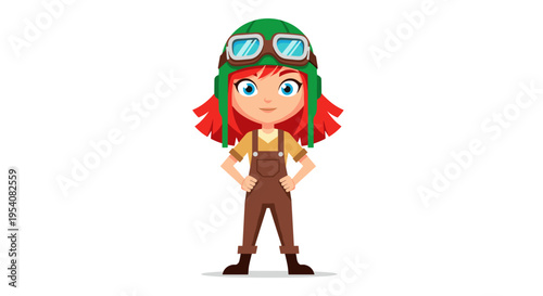 Confident Young Aviator Girl Cartoon Character: A Retro-Inspired Illustration for Children's Content and Aviation Themes, Ideal for Educational Materials and Engaging Designs