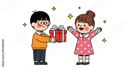 Joyful Gift Exchange: A Wholesome Cartoon Illustration of Friendship and Celebration for Greeting Cards, Children's Books, and Educational Material