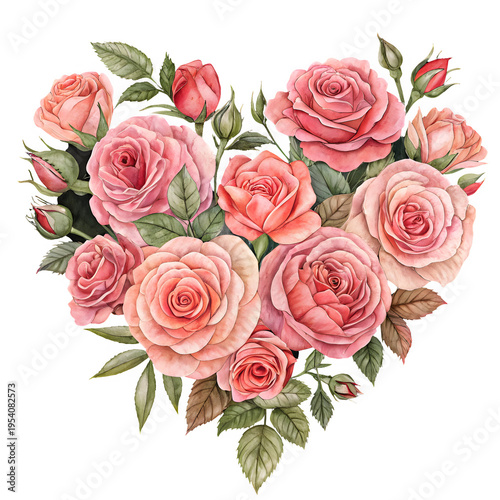 A heart shaped bouquet of beautiful pink roses with fresh green leaves on transparent background