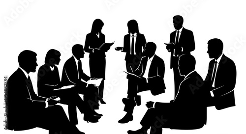 Silhouette Meeting: Dynamic Vector Illustration of Business Professionals in a Strategic Huddle for Corporate Presentations and Designs Emphasizing Teamwork and Strategy
