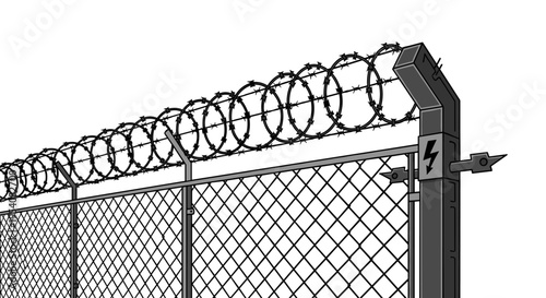 High Security Perimeter Fence with Razor Wire and Electric Warning Signage: A Graphic Illustration of Security and Prevention, suitable for Law Enforcement and Safety.