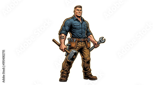 Man holding tools and wearing overalls.