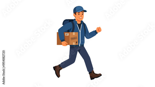 Man in blue uniform running with package.
