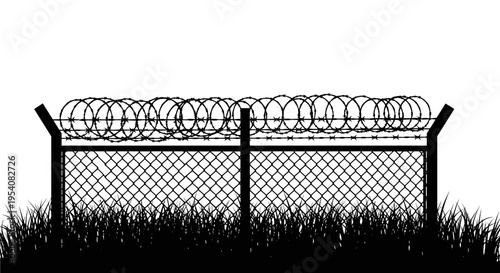 Stark Silhouette: Barbed Wire Fence and Grass Create Tension in a High-Contrast Isolated Image Depicting Security, Confinement, and Boundary Limits with Ominous Undertones