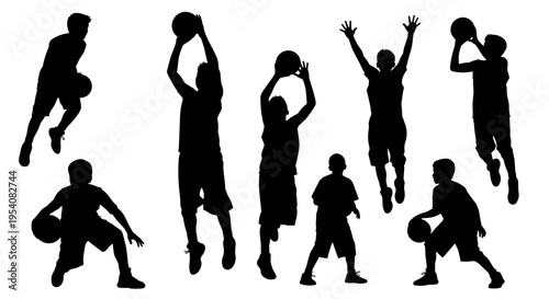 Dynamic Black Silhouette of Youth Basketball Players in Action: A Graphic Resource for Sports, Teamwork, and Healthy Lifestyle Designs, perfect for posters and advertisements