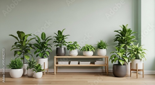A collection of various potted plants displayed on wooden shelves and the floor, creating a natural indoor ambiance