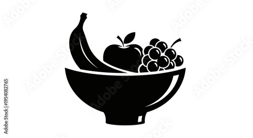 Graphic Bowl of Fruit Still Life Illustration: Fresh, Healthy Eating, Nutrition, Vegetarian, Simplicity, and Clean Lines for Food Packaging and Restaurant Branding